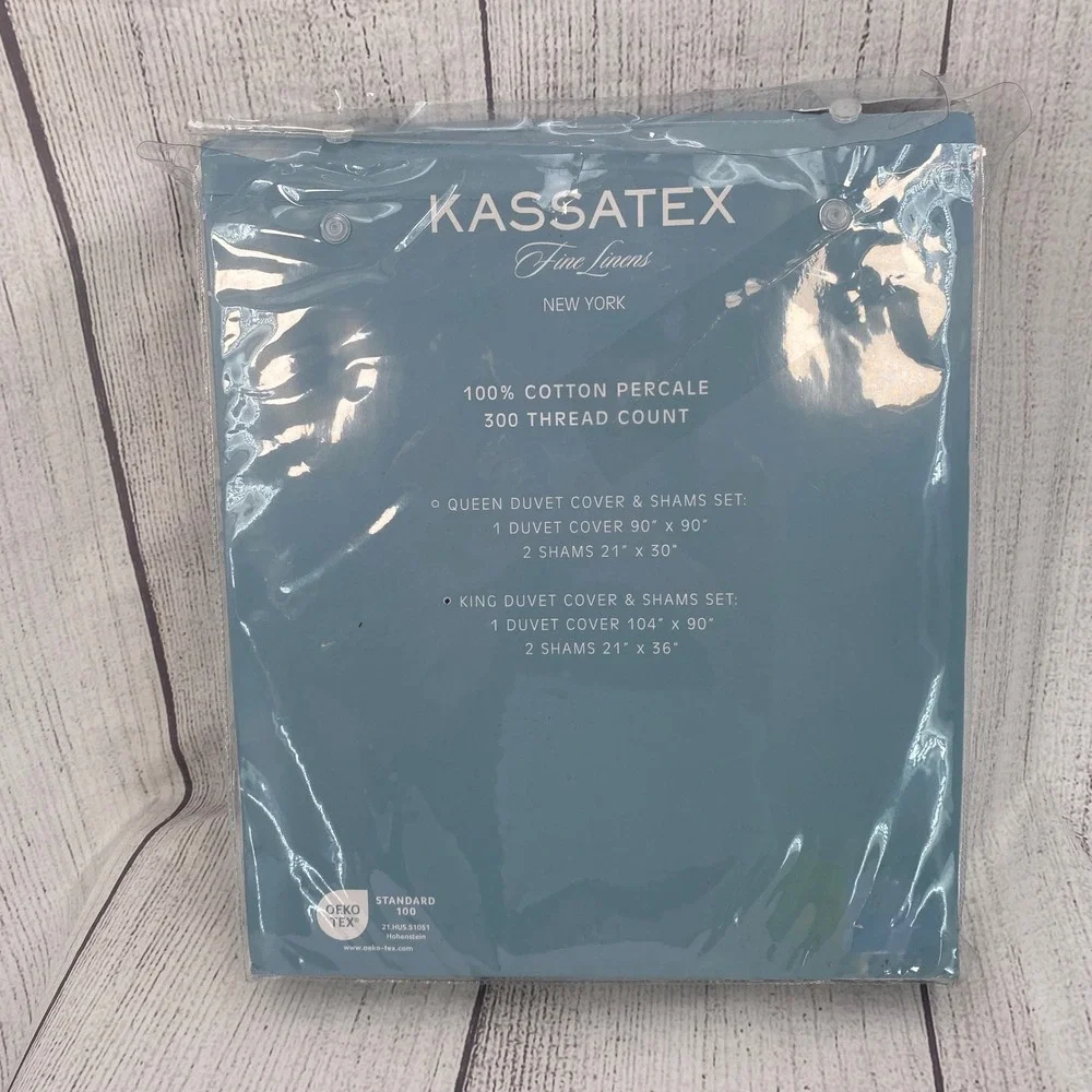 Kassatex Duvet Cover Set KING White Blue Floral Cotton Percale 300TC Hydrangea
